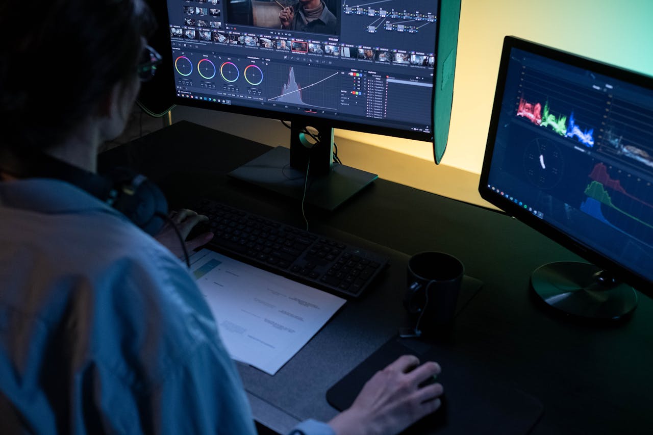 A video editor using dual monitors for editing footage in a dimly lit studio.